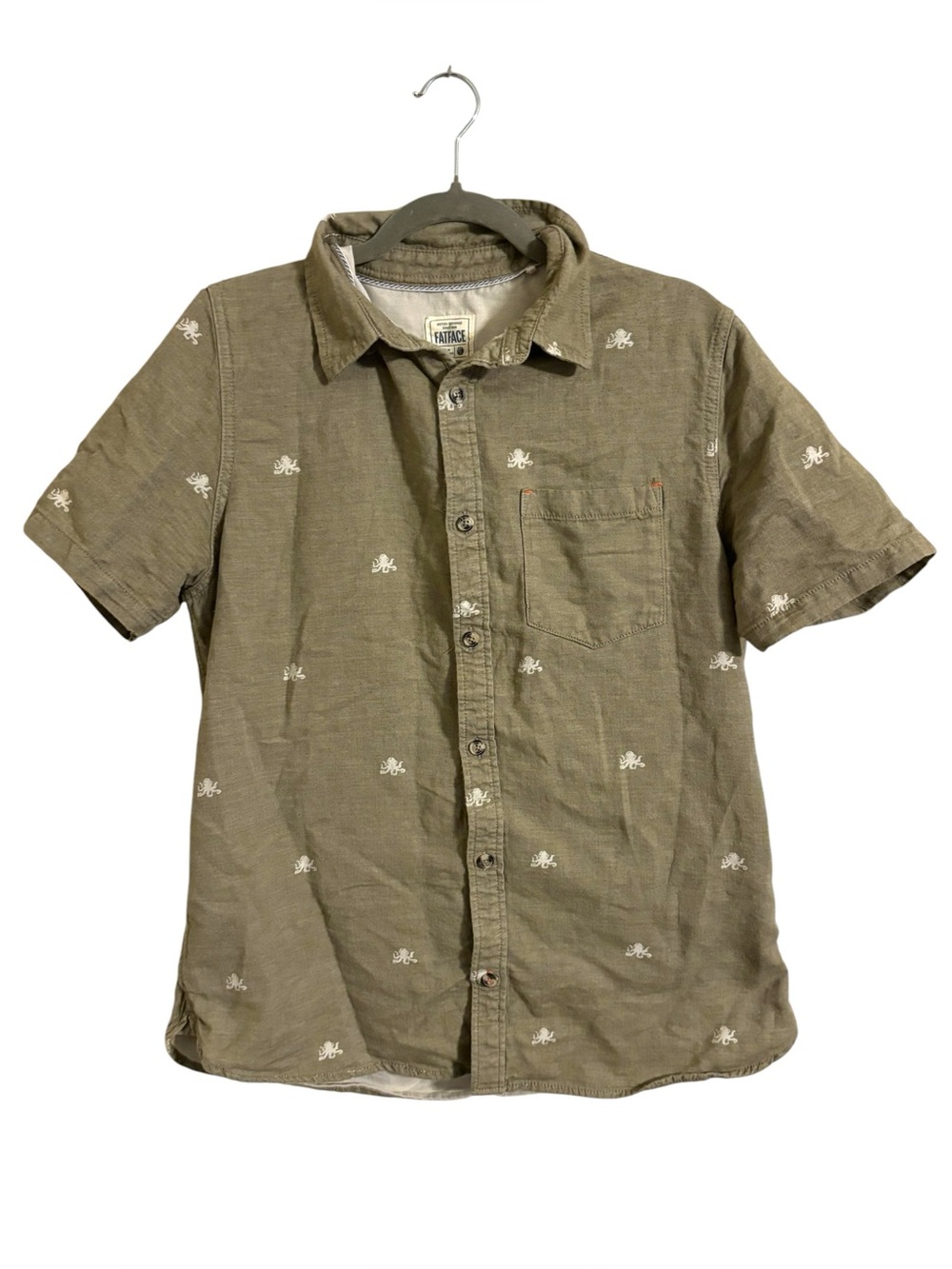 Fat Face Khaki Green Octopus Embroidered Short Sleeve Button Up Shirt Mens Large